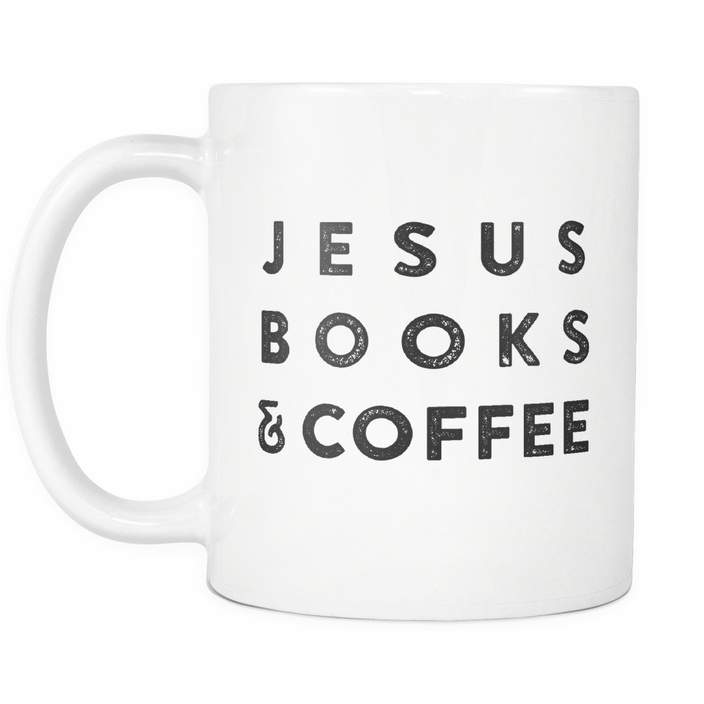 "Jesus Books & Coffee" White Mug - Adoration Apparel | Christian Shirts, Hats, for Women, Men and Toddlers