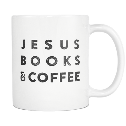 "Jesus Books & Coffee" White Mug - Adoration Apparel | Christian Shirts, Hats, for Women, Men and Toddlers